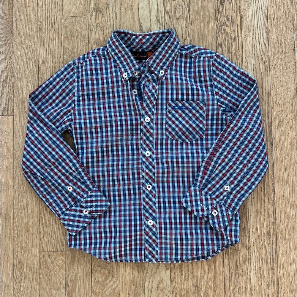 BEN SHERMAN age 4-5 blue and red plaid button down shirt with pocket